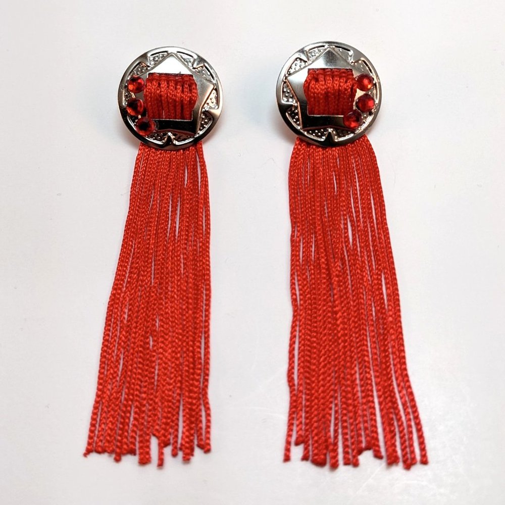Handmade Clip-On Western Star Earrings Red Fringe Rhinestone Country Cowboy Glam